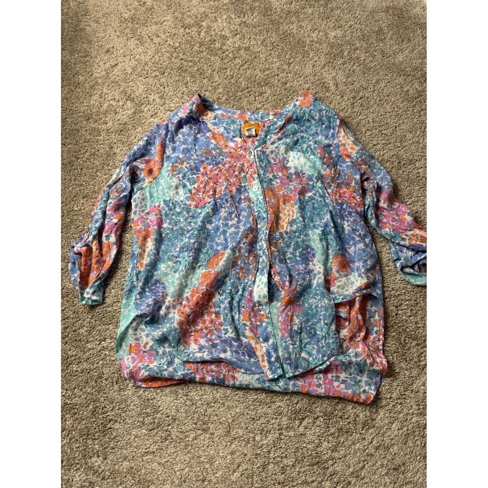 Ruby Rd Woman Floral Button Front Blouse Blue Orange Multi Color Top 1X